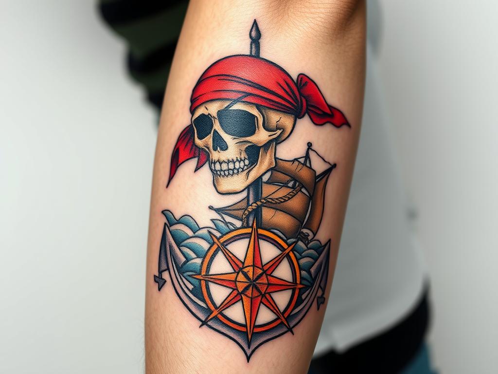 Skull & Compass Pirate Wheel: Bold Tattoo Art